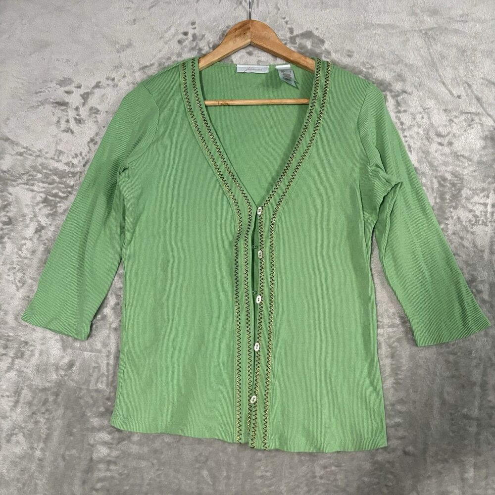 JH Collectibles Cardigan L Green Ribbed Knit Metallic Trim Y2K Whimsical Retro